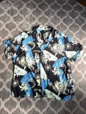 Men's Short-Sleeve Black Hawaiian Button-Down Shirt with Blue Palm Print